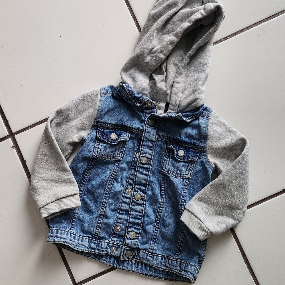 H&M Blue Denim Jacket with Gray Hoodie Sleeves